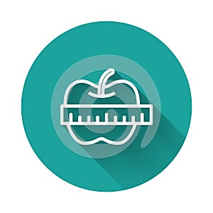 White line Apple and measuring tape icon isolated with long shadow background. Excess weight. Healthy diet menu. Fitness