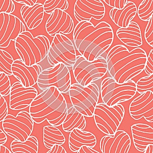White line art bouncy striped hearts packed together on a bright coral background. Seamless vector pattern