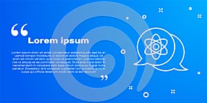 White line Atom icon isolated on blue background. Symbol of science, education, nuclear physics, scientific research