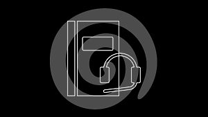 White line Audio book icon isolated on black background. Book with headphones. Audio guide sign. Online learning concept