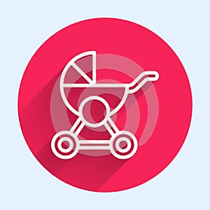 White line Baby stroller icon isolated with long shadow background. Baby carriage, buggy, pram, stroller, wheel. Red