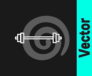 White line Barbell icon isolated on black background. Muscle lifting icon, fitness barbell, gym, sports equipment
