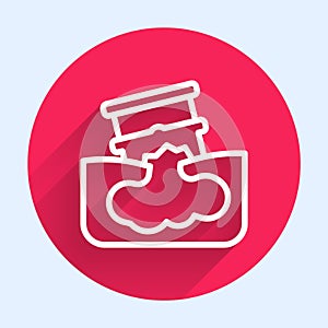 White line Barrel oil leak icon isolated with long shadow. Red circle button. Vector