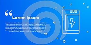 White line Battery for camera icon isolated on blue background. Lightning bolt symbol. Vector