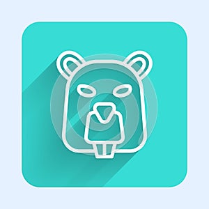 White line Beaver animal icon isolated with long shadow background. Green square button. Vector