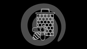 White line Bee and honeycomb icon isolated on black background. Honey cells. Sweet natural food. Honeybee or apis with