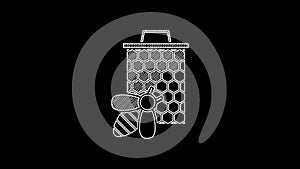 White line Bee and honeycomb icon isolated on black background. Honey cells. Sweet natural food. Honeybee or apis with