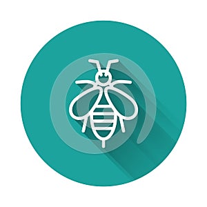 White line Bee icon isolated with long shadow. Sweet natural food. Honeybee or apis with wings symbol. Flying insect