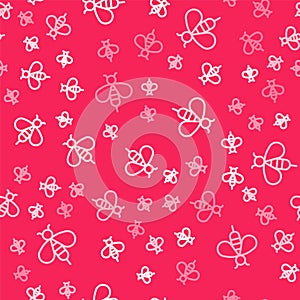 White line Bee icon isolated seamless pattern on red background. Sweet natural food. Honeybee or apis with wings symbol