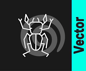 White line Beetle deer icon isolated on black background. Horned beetle. Big insect. Vector