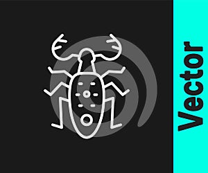 White line Beetle deer icon isolated on black background. Horned beetle. Big insect. Vector