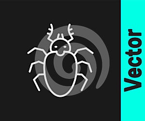 White line Beetle deer icon isolated on black background. Horned beetle. Big insect. Vector