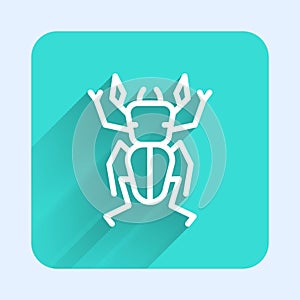 White line Beetle deer icon isolated with long shadow. Horned beetle. Big insect. Green square button. Vector