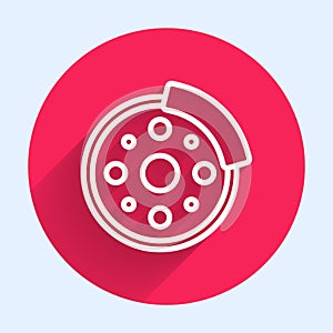 White line Bicycle brake disc icon isolated with long shadow. Red circle button. Vector