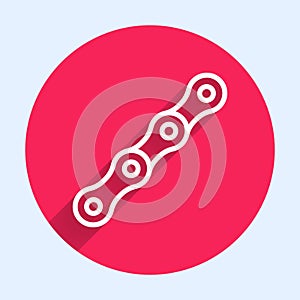 White line Bicycle chain icon isolated with long shadow. Bike chain sprocket transmission. Red circle button. Vector