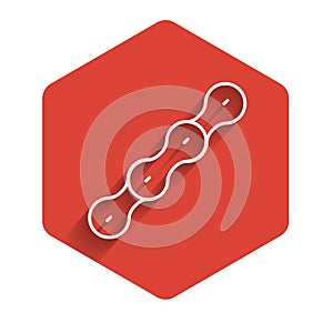 White line Bicycle chain icon isolated with long shadow. Bike chain sprocket transmission. Red hexagon button. Vector