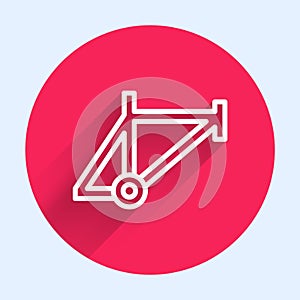 White line Bicycle frame icon isolated with long shadow. Red circle button. Vector