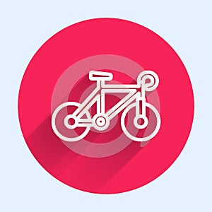 White line Bicycle icon isolated with long shadow. Bike race. Extreme sport. Sport equipment. Red circle button. Vector