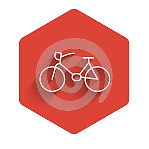White line Bicycle icon isolated with long shadow. Bike race. Extreme sport. Sport equipment. Red hexagon button. Vector