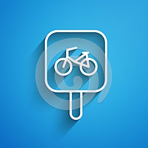 White line Bicycle parking icon isolated on blue background. Long shadow. Vector