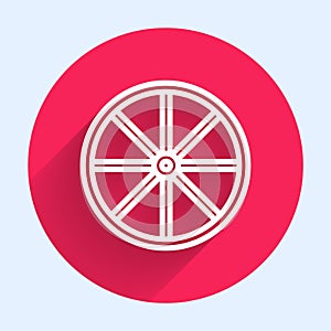 White line Bicycle wheel icon isolated with long shadow. Bike race. Extreme sport. Sport equipment. Red circle button