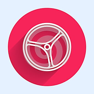 White line Bicycle wheel icon isolated with long shadow. Bike race. Extreme sport. Sport equipment. Red circle button