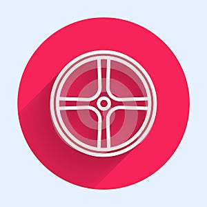 White line Bicycle wheel icon isolated with long shadow. Bike race. Extreme sport. Sport equipment. Red circle button