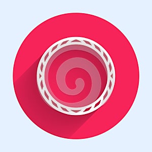 White line Bicycle wheel icon isolated with long shadow. Bike race. Wheel tire air. Sport equipment. Red circle button