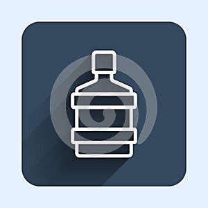 White line Big bottle with clean water icon isolated with long shadow background. Plastic container for the cooler. Blue