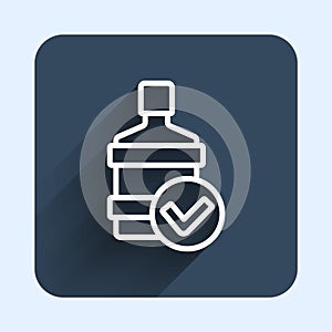 White line Big bottle with clean water icon isolated with long shadow background. Plastic container for the cooler. Blue