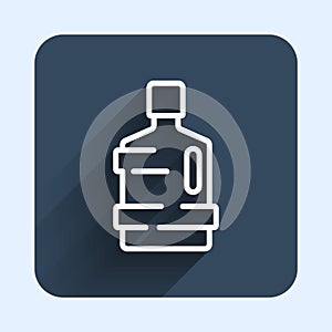 White line Big bottle with clean water icon isolated with long shadow background. Plastic container for the cooler. Blue