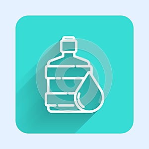 White line Big bottle with clean water icon isolated with long shadow. Plastic container for the cooler. Green square