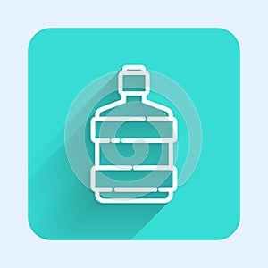 White line Big bottle with clean water icon isolated with long shadow. Plastic container for the cooler. Green square