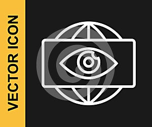 White line Big brother electronic eye icon isolated on black background. Global surveillance technology, computer