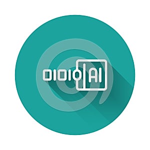 White line Binary code icon isolated with long shadow background. Green circle button. Vector