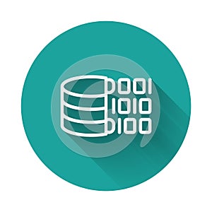 White line Binary code icon isolated with long shadow background. Green circle button. Vector