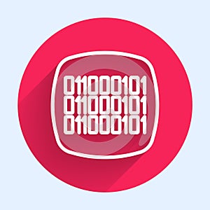 White line Binary code icon isolated with long shadow background. Red circle button. Vector