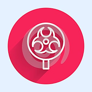 White line Biohazard symbol icon isolated with long shadow background. Red circle button. Vector