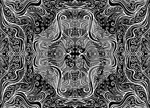 White line on black background psychedelic tryppi fractal pattern maze curly waves pattern.