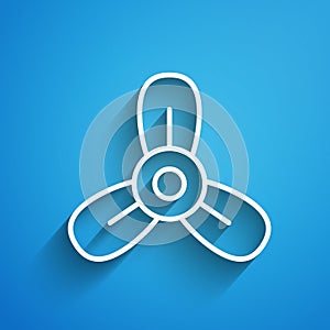 White line Boat propeller, turbine icon isolated on blue background. Long shadow. Vector