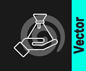 White line Bribe money bag icon isolated on black background. Bill currency. Vector