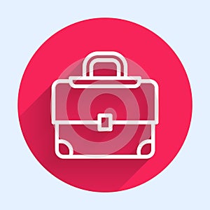 White line Briefcase icon isolated with long shadow. Business case sign. Business portfolio. Red circle button. Vector