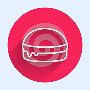 White line Burger icon isolated with long shadow. Hamburger icon. Cheeseburger sandwich sign. Fast food menu. Red circle