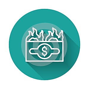 White line Burning dollar bill icon isolated with long shadow background. Dollar bill on fire. Burning of savings. Green