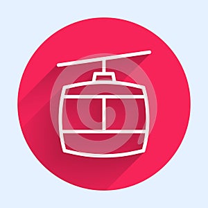 White line Cable car icon isolated with long shadow background. Funicular sign. Red circle button. Vector