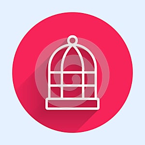 White line Cage for birds icon isolated with long shadow background. Red circle button. Vector