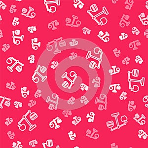 White line Calorie calculator icon isolated on isolated seamless pattern on red background. Calorie count. Diet. Weight