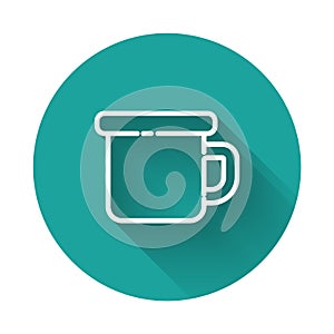 White line Camping metal mug icon isolated with long shadow. Green circle button. Vector Illustration.