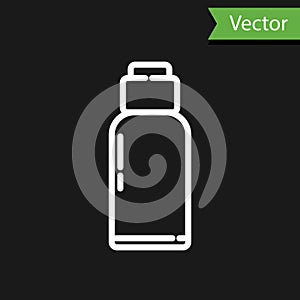 White line Canteen water bottle icon isolated on black background. Tourist flask icon. Jar of water use in the campaign. Vector