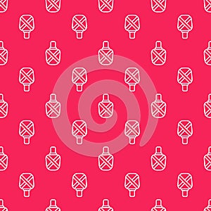 White line Canteen water bottle icon isolated seamless pattern on red background. Tourist flask icon. Jar of water use